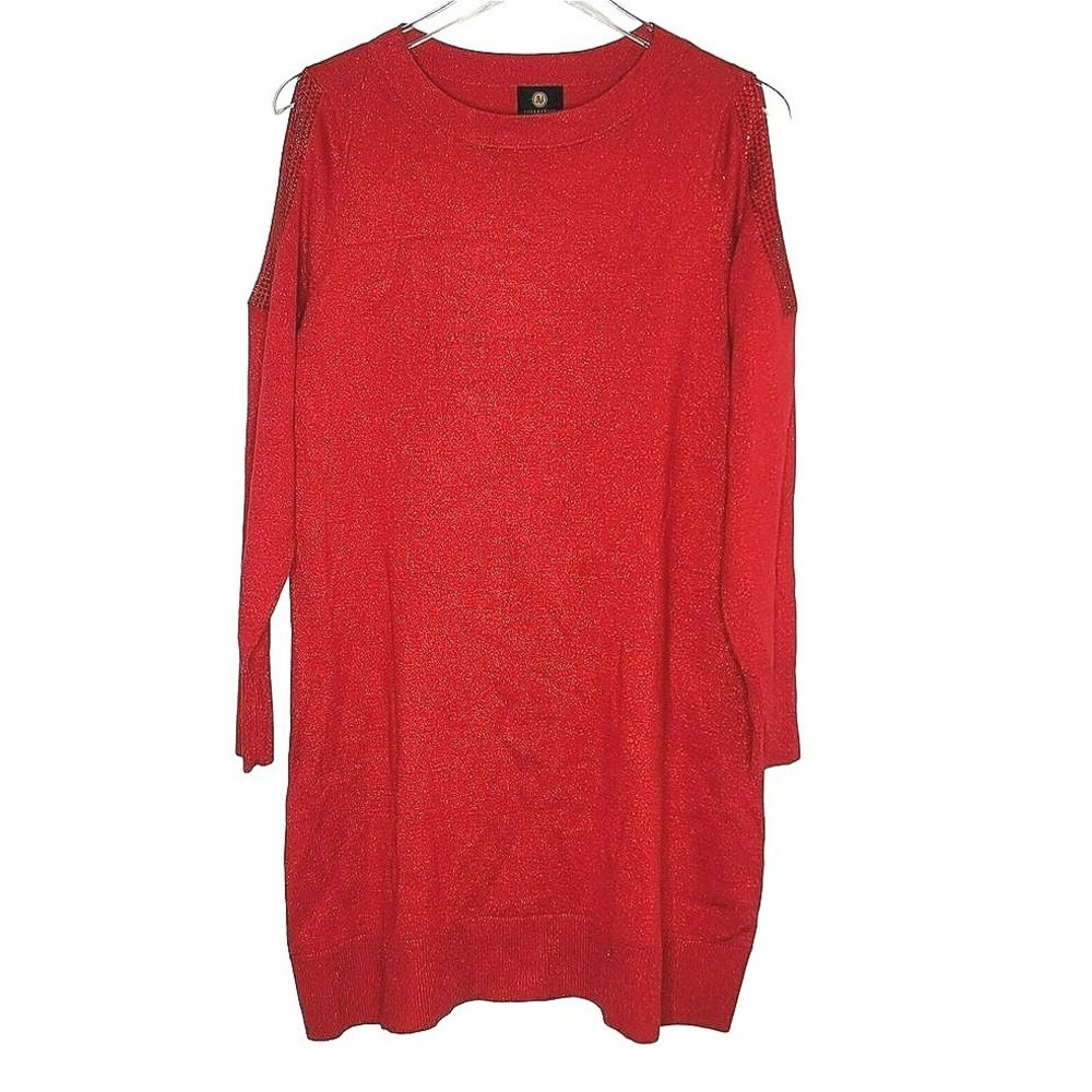 JM Collection Cold Shoulder Sweater Red Shimmer Long Sleeve Crew Neck Party M